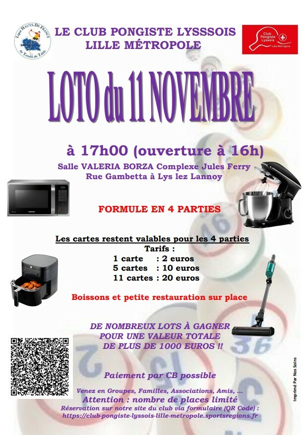 le club pongiste lyssois Lille métropole organise son 19 ème Loto