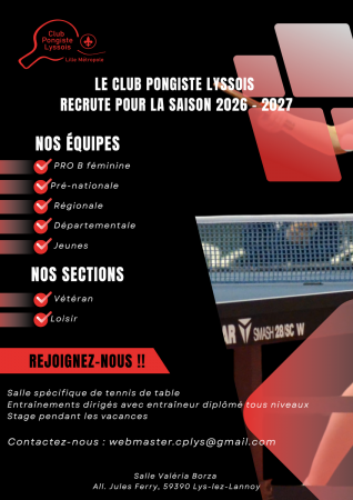 🏓 Rejoignez le CP Lys Lille Métropole : Le club recrute !