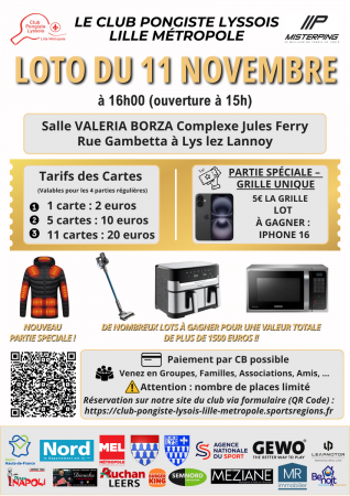 le club pongiste lyssois Lille métropole organise son 20 ème Loto